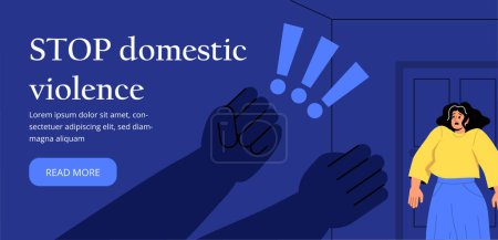 Stop domestic violence banner. Silhouette of fists near sad woman. Aggression in family, husband beats his wife. Victim of abuse. Landing page design. Cartoon flat vector illustration