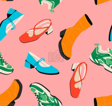 Illustration for Female shoes seamless pattern concept. Repeating design element for printing on fabric. Orange boots and blue and red shoes. Template, layout and mock up. Cartoon flat vector illustration - Royalty Free Image