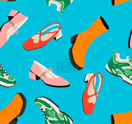 Illustration for Female shoes seamless pattern concept. Repeating design element for printing on fabric. Pink shoes and green sneakers. Aesthetics and elegance. Cartoon flat vector illustration - Royalty Free Image
