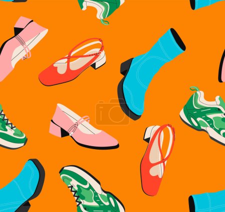 Illustration for Female shoes seamless pattern concept. Repeating design element for printing on fabric. Pink shoes and green sneakers. Fashion, trend and style. Cartoon flat vector illustration - Royalty Free Image