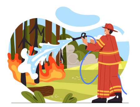 Téléchargez les illustrations : Le feu dans la forêt concept. Pompier en uniforme avec tuyau près de la forêt en feu, des buissons et des arbres. Homme près de la flamme à la nature. Catastrophe et accident, catastrophe. Illustration vectorielle plate de bande dessinée - en licence libre de droit