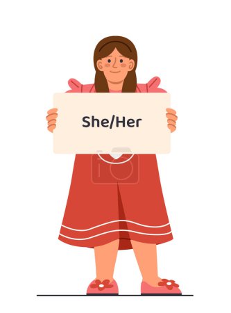 Illustration for Kids with gender pronouns concept. Young girl with placard she and her. Primary school student. Poster or banner for website. Cartoon flat vector illustration isolated on white background - Royalty Free Image