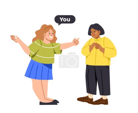 Illustration for Kids with gender pronouns concept. Young girl pointing at girlfriend and say you. Education and learning. Graphic element for website. Cartoon flat vector illustration isolated on white background - Royalty Free Image