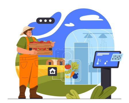 Illustration for Man with greenhouse concept. Young guy in uniform with package of natural and organic products. Farmer with tomatoes and vegetables. Healthy eating and lifestyle. Cartoon flat vector illustration - Royalty Free Image