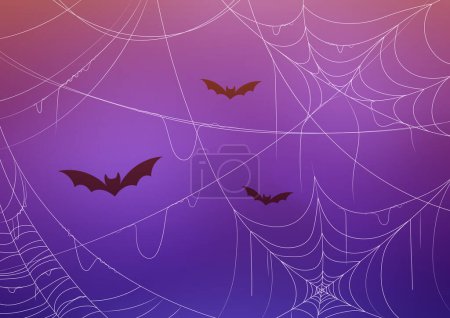 Illustration for Halloween cobweb wallpaper concept. Texture and template, place for text. Layout and mock up with net and bats. International holiday of fear and horror. Cartoon flat vector illustration - Royalty Free Image