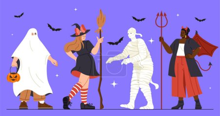 Illustration for People in Halloween costumes set. Men and women in witch, ghost, zombie and devil suits. International holiday of fear and horror. Cartoon flat vector collection isolated on violet background - Royalty Free Image