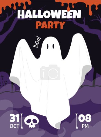Halloween party banner. Ghost say boo at cemetery. International holiday of fear and horror. Fantasy and imagination. Poster or cover for website. Cartoon flat vector illustration