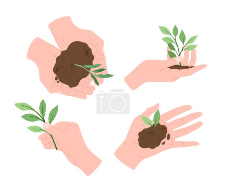 Illustration for Hands holding plants set. Sprout in soil and dirt. Floristry and botany. Nature and ecology, environnement. Farming and agriculture. Cartoon flat vector collection isolated on white background - Royalty Free Image