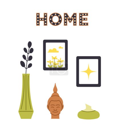 Illustration for Living room interior element concept. Flowerpot with plant near pictures for house. Comfort and coziness. Graphic element for website. Cartoon flat vector illustration isolated on white background - Royalty Free Image