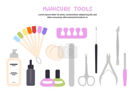 Illustration for Manicure tools set. Nail with scissors, colorful fingernails at sticks. Fashion, beauty and elegance. Poster or banner. Cartoon flat vector collection isolated on white background - Royalty Free Image