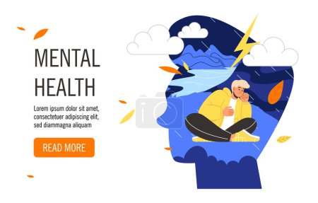 Illustration for Mental health landing page. Man sitting inside head silhouette. Rain at mind, dark and bad mood. Depression and frustration, loneliness. Poster or banner. Cartoon flat vector illustration - Royalty Free Image