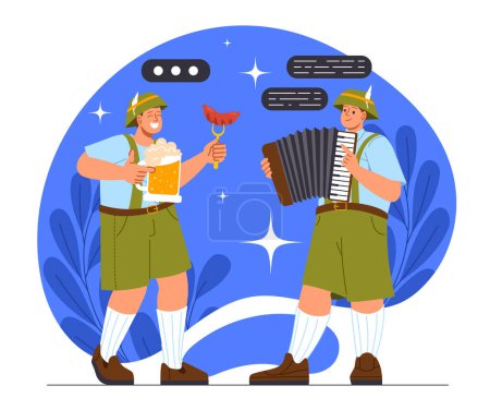 Illustration for Oktoberfest beer festival concept. Men in traditional german clothes with glass and musical instrument. Holiday and festival. Sausage with alcoholic drink. Cartoon flat vector illustration - Royalty Free Image