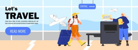 Illustration for Women in airport banner concept. Young girl with baggage and luggage inside terminal. Tourism and travels, flights. Journey and vacations, holiday. Cartoon flat vector illustration - Royalty Free Image