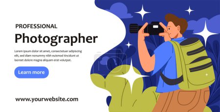 Illustration for Professional photographer banner concept. Man with camera take shoot. Paparazzi and photographer at workplace. Creativity and art. Landing page design. Cartoon flat vector illustration - Royalty Free Image