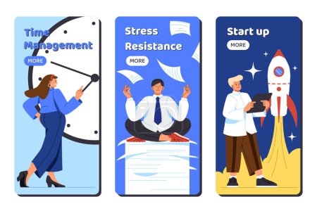 Illustration for Productivity improvement boosting set. Staff with rocket and papers. Businessman and businesswoman. Time management and efficient workflow. Cartoon flat vector collection isolated on white background - Royalty Free Image