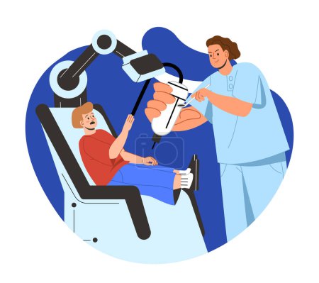 Illustration for Scared boy with dentist concept. Kid and child visit medical specialist. Doctor in medical uniform with patient. Mental issues and psychological problems. Cartoon flat vector illustration - Royalty Free Image