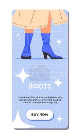 Illustration for Shoes store banner concept. Woman in trendy blue boots. Landing page design. Discounts and promotions, sales. Online shopping. Cartoon flat vector illustration isolated on white background - Royalty Free Image