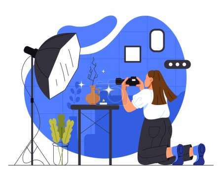 Illustration for Subject photographer concept. Woman with camera near vase with plant. Creativity and art. Paparazzi take picture of ceramic jug with branch. Studio or workshop. Cartoon flat vector illustration - Royalty Free Image