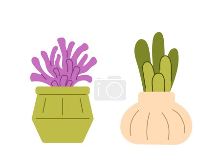 Illustration for Succulents at flowerpots set. Cactus in beige and green flowerpots. Decor elements for apartment. Stickers for social networks. Cartoon flat vector collection isolated on white background - Royalty Free Image