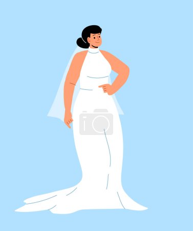 Illustration for Woman in wedding dress concept. Young girl at marriage, bride and wife. Fashion and style. Sticker for social networks and messengers. Cartoon flat vector illustration isolated on blue background - Royalty Free Image