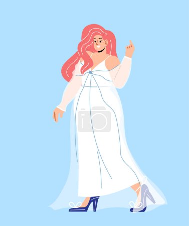 Illustration for Woman in wedding dress concept. Young girl at marriage, bride and wife. Aesthetics and elegance, beauty. Template, layout and mock up. Cartoon flat vector illustration isolated on blue background - Royalty Free Image