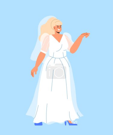 Illustration for Woman in wedding dress concept. Young girl at marriage, bride and wife. Pretty and beauty person at marriage. Poster or banner. Cartoon flat vector illustration isolated on blue background - Royalty Free Image