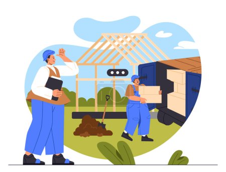 Illustration for People building house concept. Workers near van with cardboard boxes. Builders in uniform near wooden frame of home. Construction and architecture. Cartoon flat vector illustration - Royalty Free Image