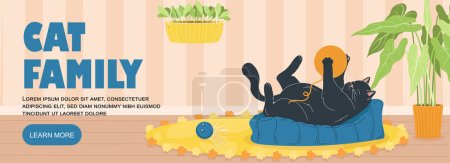 Illustration for Banner with cat concept. Cute black domestic animal with yellow ball at cushion. Landing page design. Fluffy and playful pet indoor. Template, layout and mock up. Cartoon flat vector illustration - Royalty Free Image