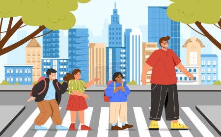 Illustration for Children at crosswalk concept. Man with boys at girls at roban. Urban infrastructure and architecture. Teacher with students walk at town. Primary schoolers. Cartoon flat vector illustration - Royalty Free Image