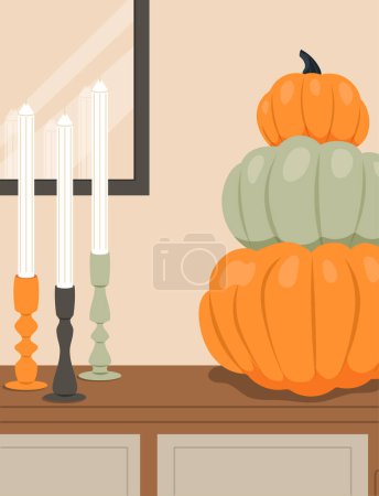 Ilustración de Acogedor otoño estilo de vida cartel concepto. Calabazas verdes y naranjas en la mesa cerca de los candelabros. Confort y comodidad interior. Plantilla, diseño y maqueta. Dibujos animados ilustración vector plano - Imagen libre de derechos