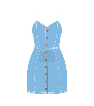 Illustration for Denim female dress concept. Fashion, trend and style. Female clothes for summer. Sticker for social networks and messengers. Cartoon flat vector illustration isolated on white background - Royalty Free Image