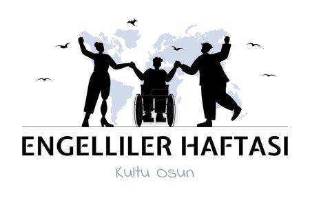 Illustration for Engelliler haftasi kultu olsun concept. Silhouette of people at wheelchair. Traditional turkish holiday and festival. Tolerance and unity, respect. Cartoon flat vector illustration - Royalty Free Image