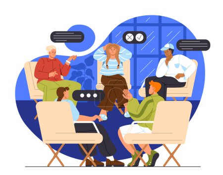 Illustration for People at group therapy concept. Men and women sitting at chairs and talking together. Metal health and psychology, mindfullness. Support and help. Cartoon flat vector illustration - Royalty Free Image
