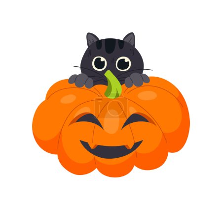 Illustration for Halloween pumpkin concept. Scary character for international holiday of fear and horror. Template, layout and mock up. Cartoon flat vector illustration isolated on white background - Royalty Free Image