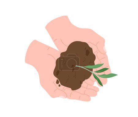 Illustration for Hand holding plant stem concept. Human palm with part of flower in soil. Care about nature and ecology, environment. Cartoon flat vector illustration isolated on white background - Royalty Free Image
