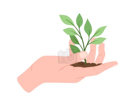 Illustration for Hand holding plant stem concept. Human palm with part of flower in soil. Floristry and botany, nature. Poster or banner. Cartoon flat vector illustration isolated on white background - Royalty Free Image