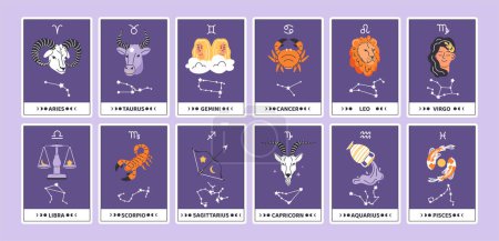 Illustration for Horoscope cards set. Astrological signs of zodiac. Esoterics, astrology and constellations. Scorpio, Capricorn, Libra and Gemini. Cartoon flat vector collection isolated on violet background - Royalty Free Image