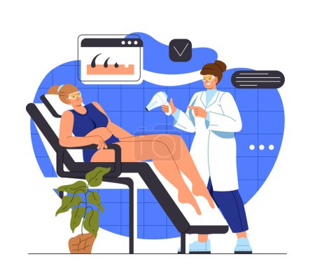 Illustration for Woman with laser hair removal concept. Specialist in uniform with client at beauty procedures and salon. SPA treatments, body and skin care. Depilation of legs. Cartoon flat vector illustration - Royalty Free Image