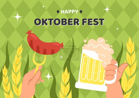 Téléchargez les illustrations : Joyeux fond Oktoberfest. Mains avec saucisse et bière en verre. Fête et fête traditionnelles allemandes. Du houblon. Affiche ou bannière pour site web. Illustration vectorielle plate de bande dessinée - en licence libre de droit