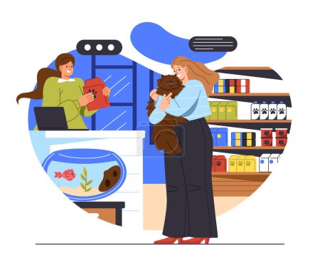 Illustration for Client in pet store concept. Young girl with domestic animal near seller with food packages. Care about domestic animals. Woman with fluffy brown cat in shop. Cartoon flat vector illustration - Royalty Free Image