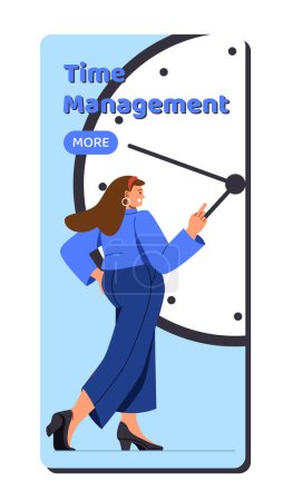 Illustration for Productivity improvement boosting concept. Businesswoman with clocks at suit. Time management and planning. Poster or banner. Cartoon flat vector illustration isolated on white background - Royalty Free Image