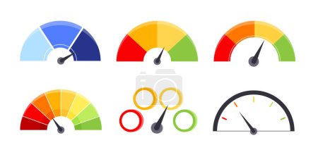 Illustration for Set of speedometers concept. Indicators and gauge meters for dashboard. Infographics and data visualization, statistics. Cartoon flat vector collection isolated on white background - Royalty Free Image