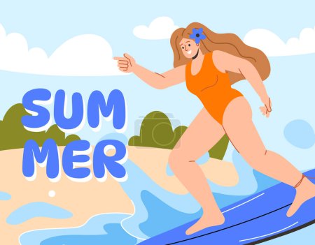 Illustration for Summer card with woman at surfboard concept. Young girl at orange swimsuit with board at sea or ocean. Holiday and vacation in tropical and exotic countries. Cartoon flat vector illustration - Royalty Free Image