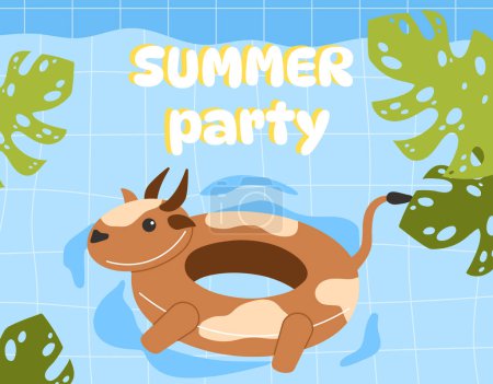 Illustration for Summer card with swimming pool concept. Rubber ring with cow at water. Summer leisure, holiday and vacation in tropical countries. Graphic element for website. Cartoon flat vector illustration - Royalty Free Image