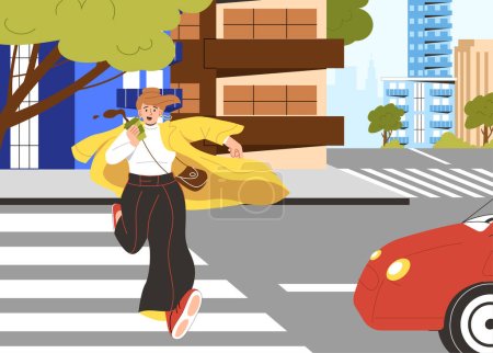 Ilustración de Mujer caminando concepto de calle de la ciudad. Chica joven en ropa de moda y moda en el paso de peatones cerca de coche rojo. Los ciudadanos van a trabajar en la temporada de otoño. Escena urbana. Dibujos animados ilustración vector plano - Imagen libre de derechos