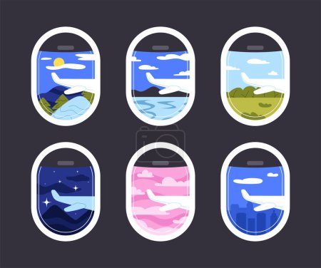 Illustration for Airplane windows set. View through plane glass at colorful skies. Flights and travels. Holiday, vacation, journey and trips. Cartoon flat vector collection isolated on dark background - Royalty Free Image