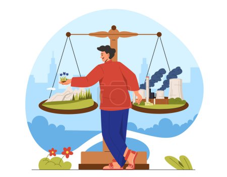 Illustration for Man with balance ecology concept. Young guy near big scales with factory and production. Care about nature and environment. Sustainable zero waste lifestyle. Cartoon flat vector illustration - Royalty Free Image