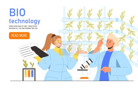 Illustration for Bio technology banner concept. Man and woman in medical uniform with documents near plants. Scientific experiment in laboratory. Botany and floristry. Cartoon flat vector illustration - Royalty Free Image