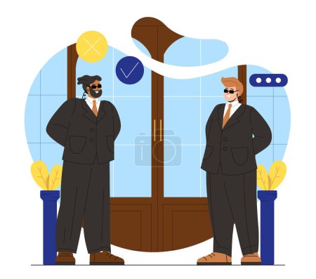 Illustration for Bodyguard at doors concept. Men in black suits and sunglasses near doors. Protection and safety. Security staff, young guys protect celebrity or famous person. Cartoon flat vector illustration - Royalty Free Image