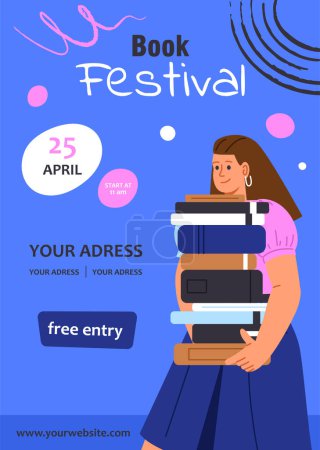 Illustration for Book festival poster concept. Woman with stack of textbook and fiction. Student prepare to exam or test. Landing page design. Template, layout and mock up. Cartoon flat vector illustration - Royalty Free Image